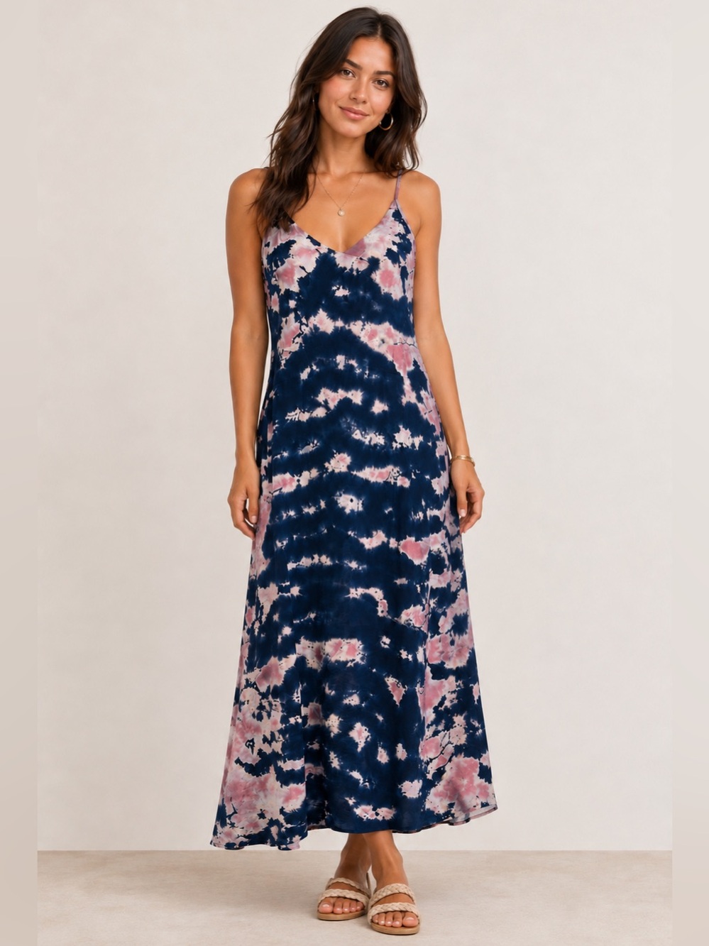 LACAUSA Alma Slip Dress, Tie Dye Pink Blue, Medium